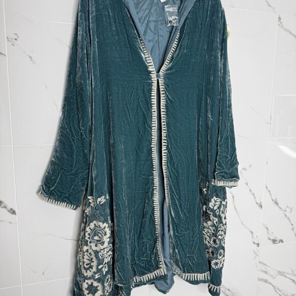 Duster Coat Cardigan Teal Blue Velvet Silk Rayon Floral Embroidered XL Bohemian - Picture 1 of 8